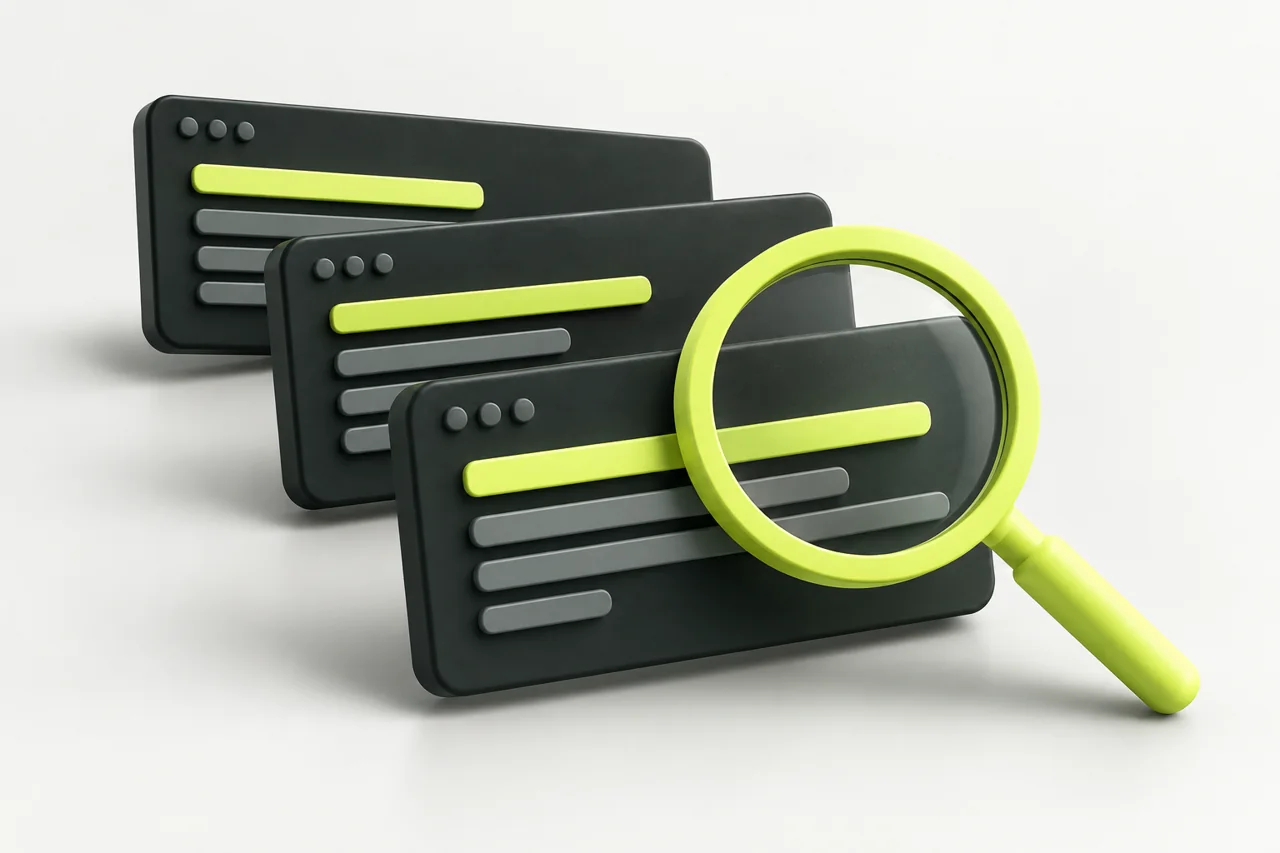 Illustration de résultats de recherche et d’une loupe vert citron